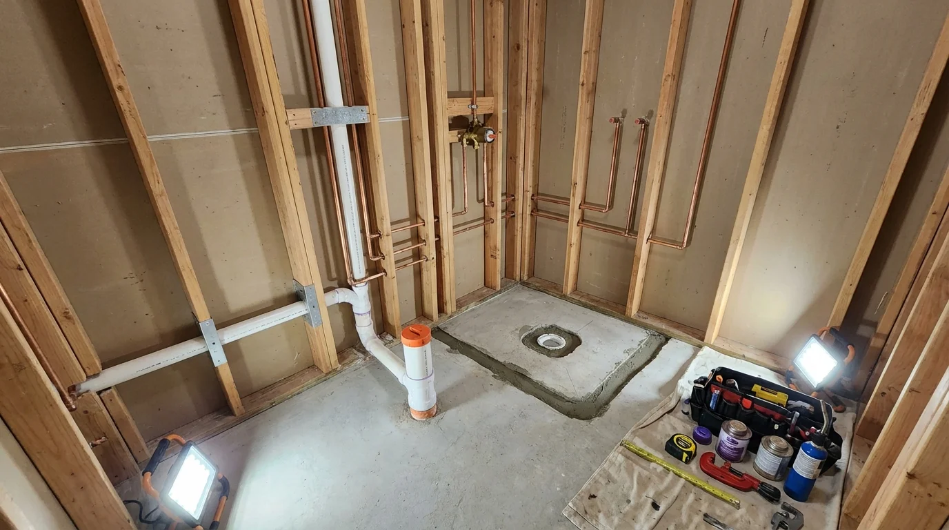Bathroom rough-in plumbing during remodel by Johns Plumbing LLC in Dundas