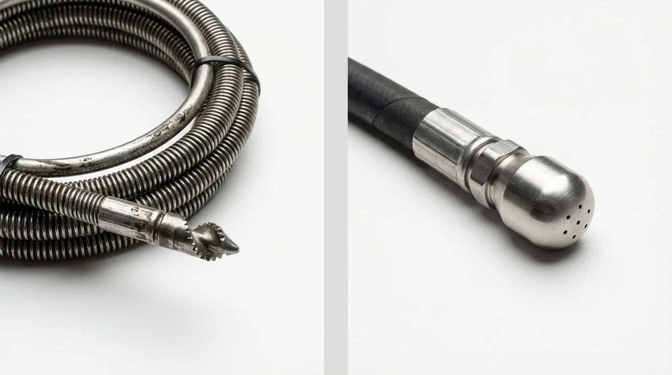 Drain snake cable and hydro jetting nozzle used for drain cleaning in Dundas, MN