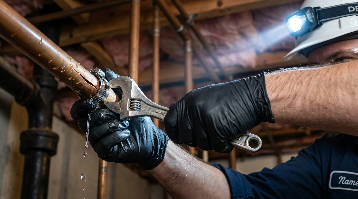 Emergency pipe clamp repair being performed by a Johns Plumbing LLC plumber in Dundas