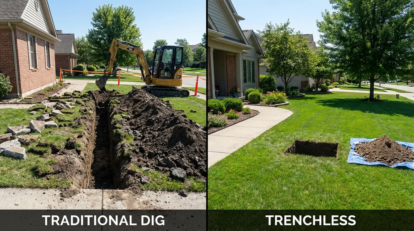Trenchless sewer repair with minimal yard damage versus traditional excavation in Dundas, MN